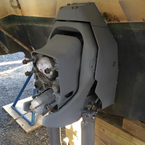 Primed transom shield and bell housing.